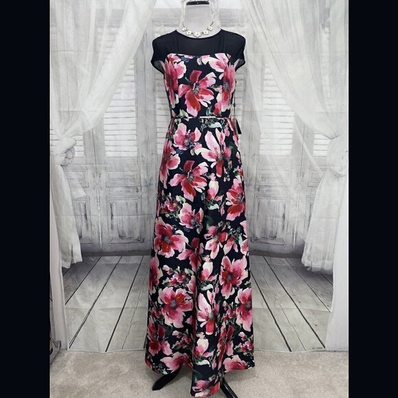 Adrianna Papell Pink Black Illusion Floral Mikado Gown Dress Formal Full Length - Picture 2 of 16
